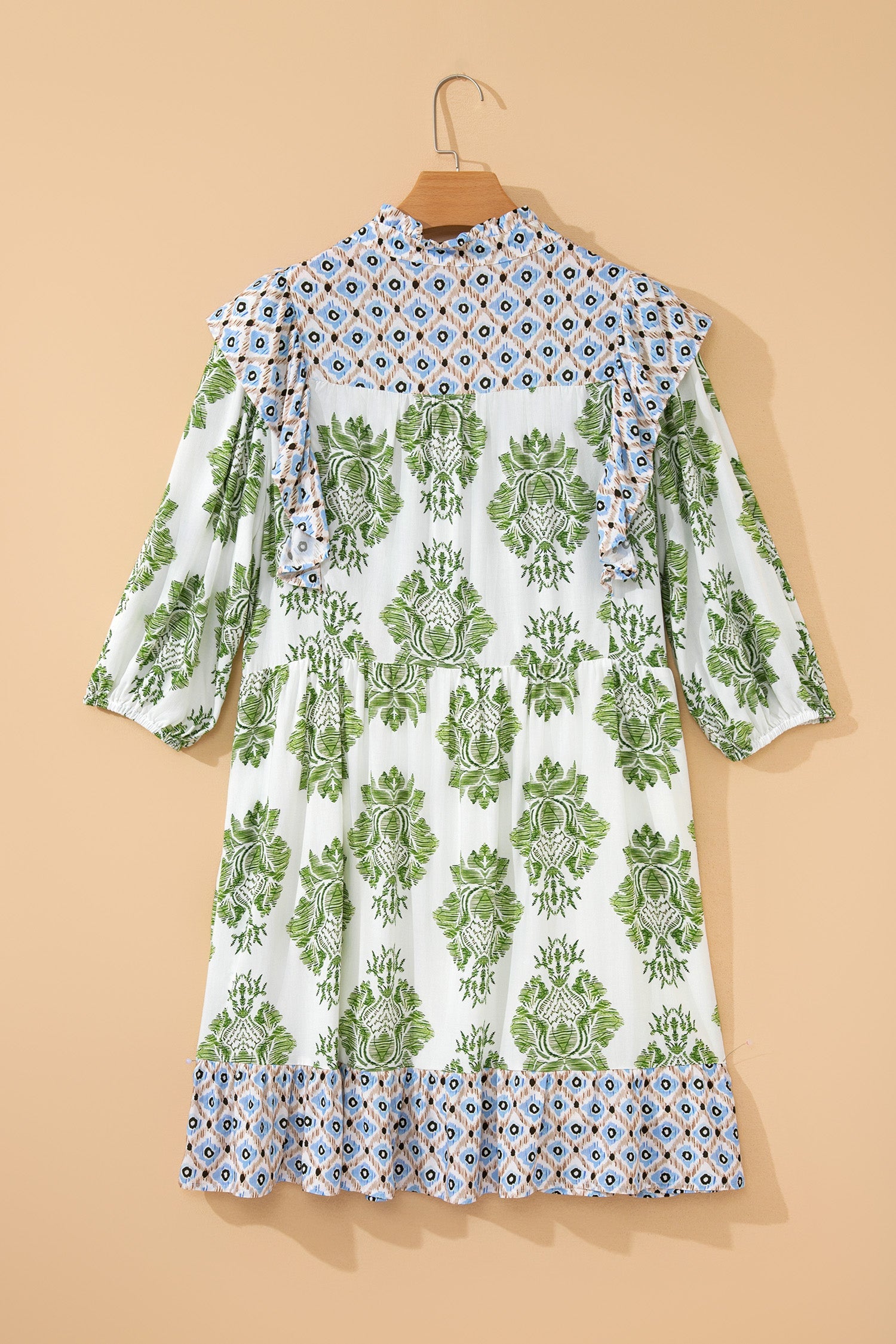 Floral Patchwork Ruffle 3/4 Sleeve Mini Dress