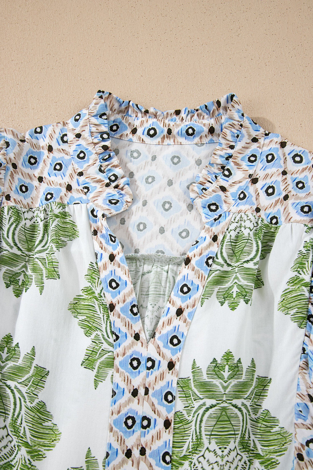 Floral Patchwork Ruffle 3/4 Sleeve Mini Dress