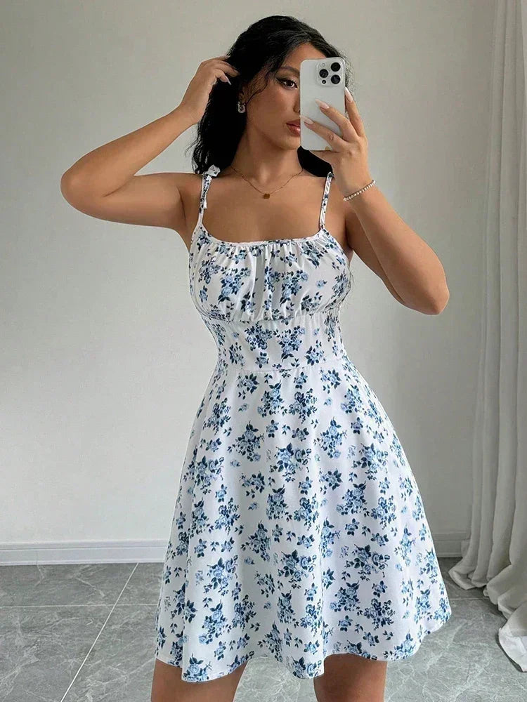 Women's Summer Floral Spaghetti Strap Beach Short Dress