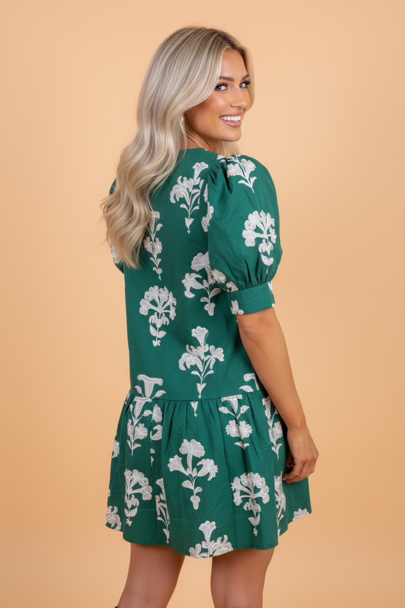 Floral Frilled V-Neck Puff Sleeve Mini Dress