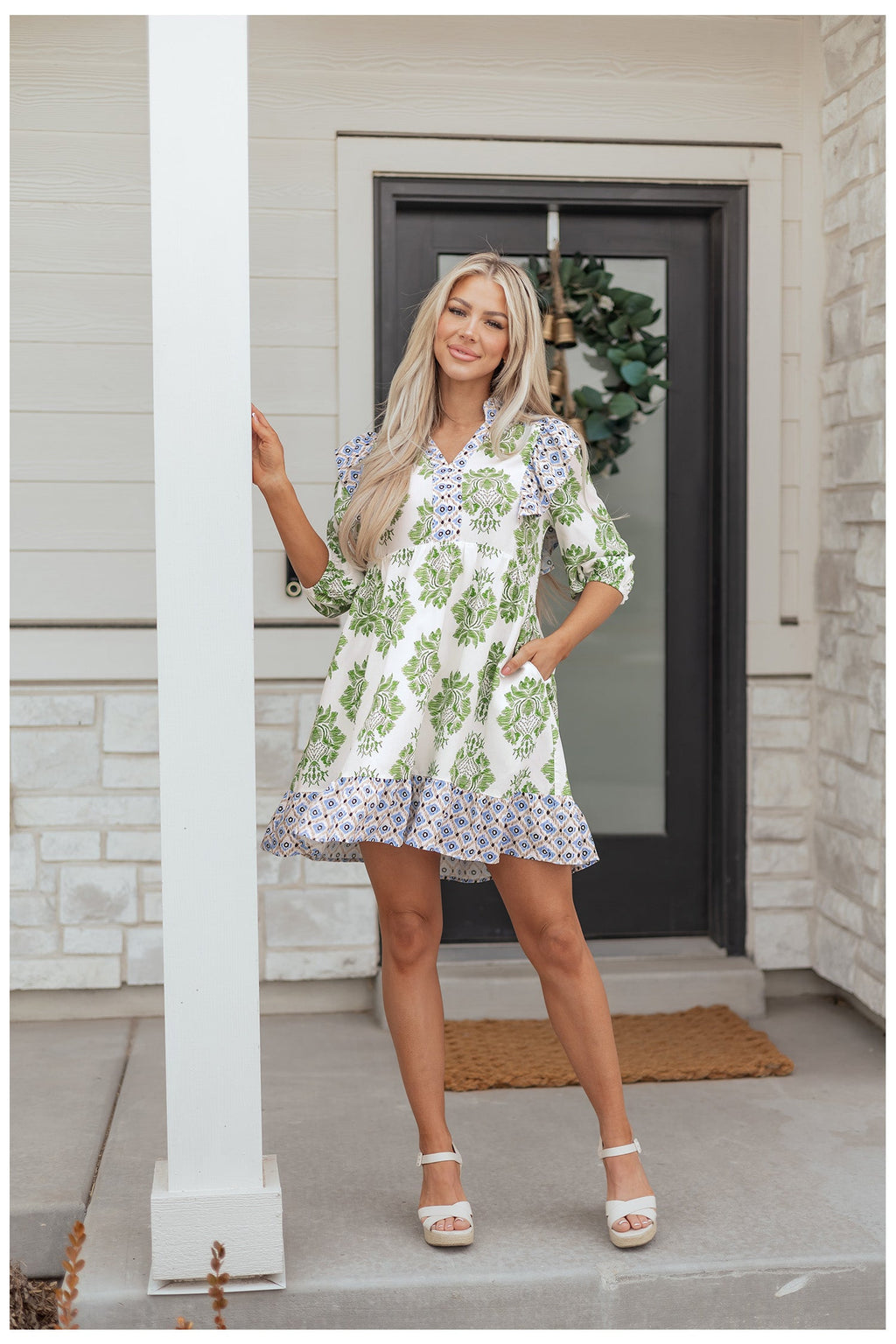 Floral Patchwork Ruffle 3/4 Sleeve Mini Dress