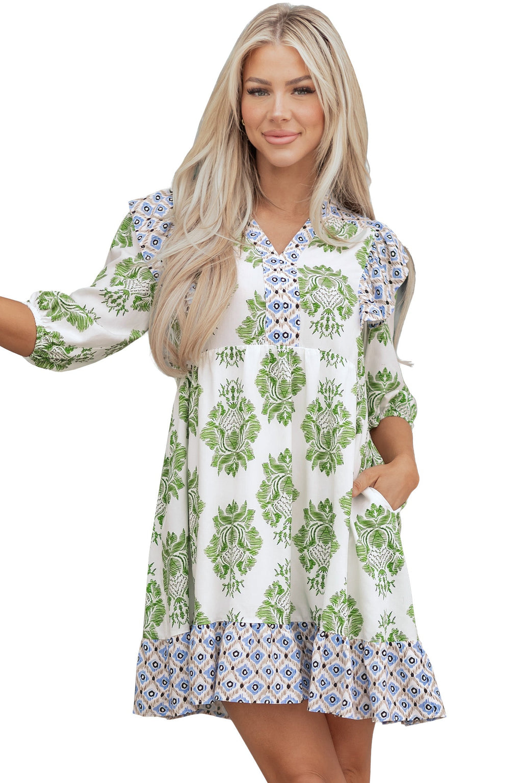 Floral Patchwork Ruffle 3/4 Sleeve Mini Dress