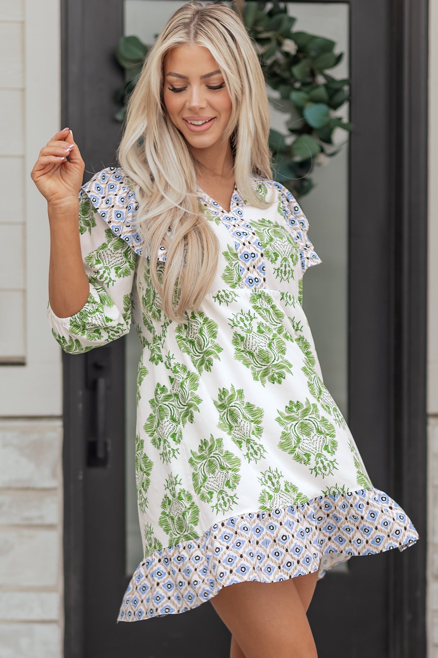 Floral Patchwork Ruffle 3/4 Sleeve Mini Dress